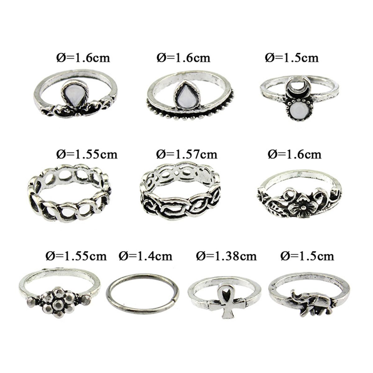 10Pcs/Set Knuckle Finger Rings Vintage Anti-rust-Silver