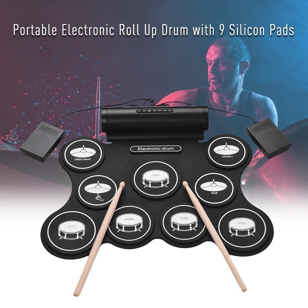 Portable Stereo Digital Electronic Roll Up Drum Kit 9 Silicon Drum Pads Support MIDI Function Built-in Speakers USB Powered for Beginners Children