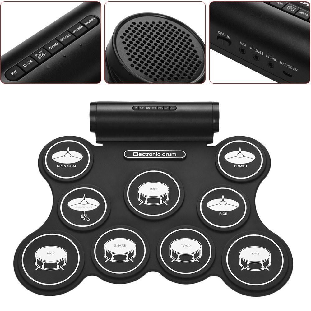 Portable Stereo Digital Electronic Roll Up Drum Kit 9 Silicon Drum Pads Support MIDI Function Built-in Speakers USB Powered for Beginners Children