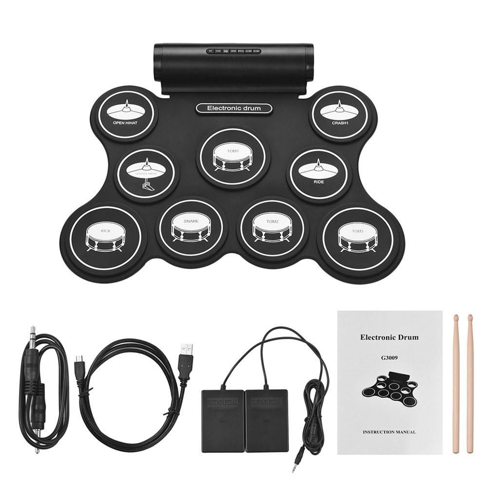 Portable Stereo Digital Electronic Roll Up Drum Kit 9 Silicon Drum Pads Support MIDI Function Built-in Speakers USB Powered for Beginners Children