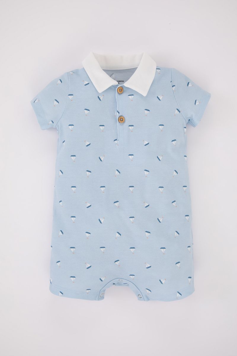 BabyBoy New Born Regular Fit Short Sleeve Polo Neck Knitted Overalls - Blue