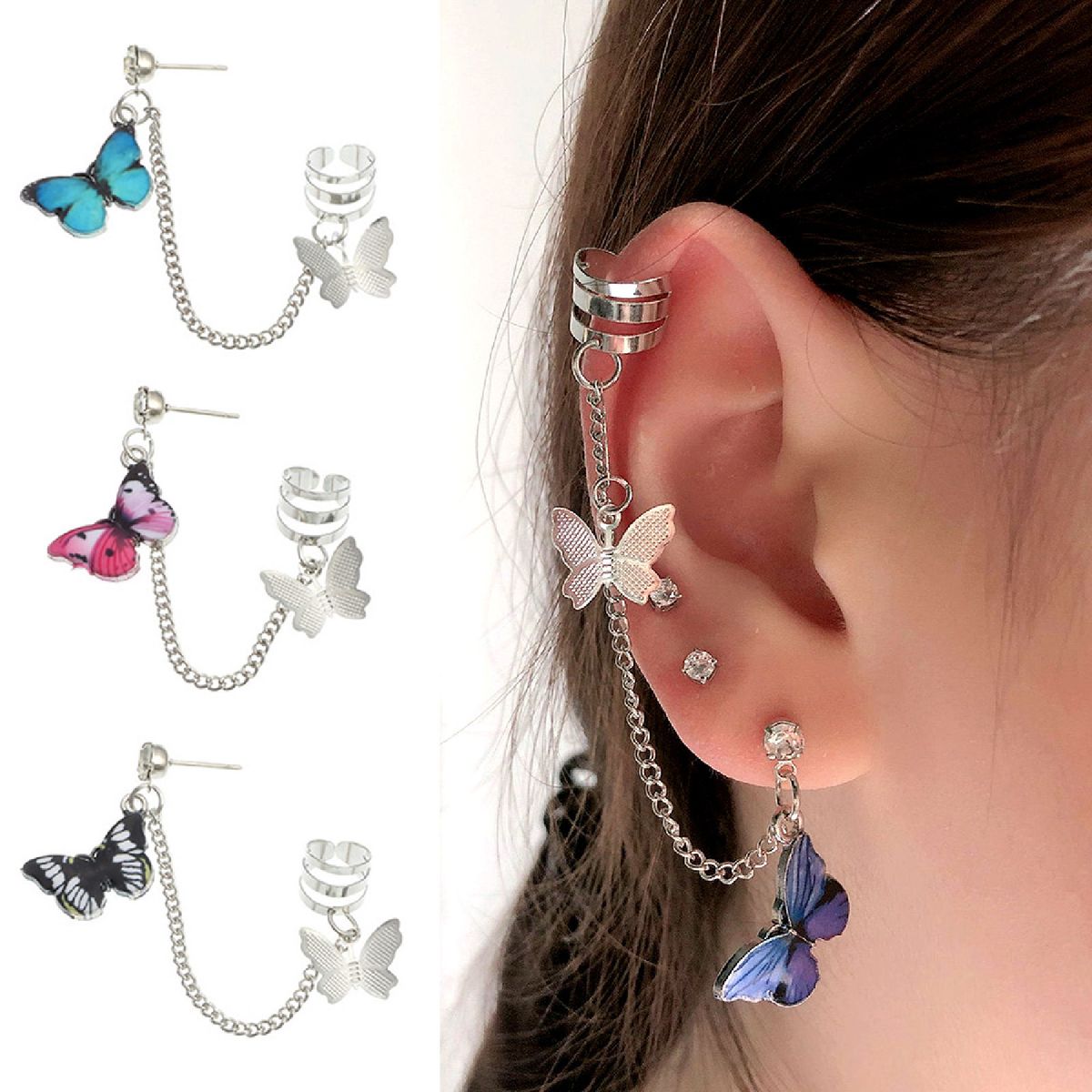 1Pc Punk Earring Dainty Durable Butterfly Shape Punk Long Chain Earring Jewelry Accessories-Blue
