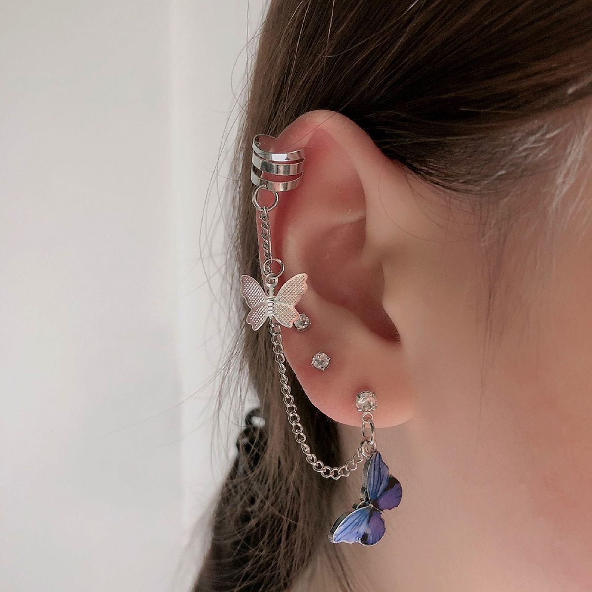 1Pc Punk Earring Dainty Durable Butterfly Shape Punk Long Chain Earring Jewelry Accessories-Blue