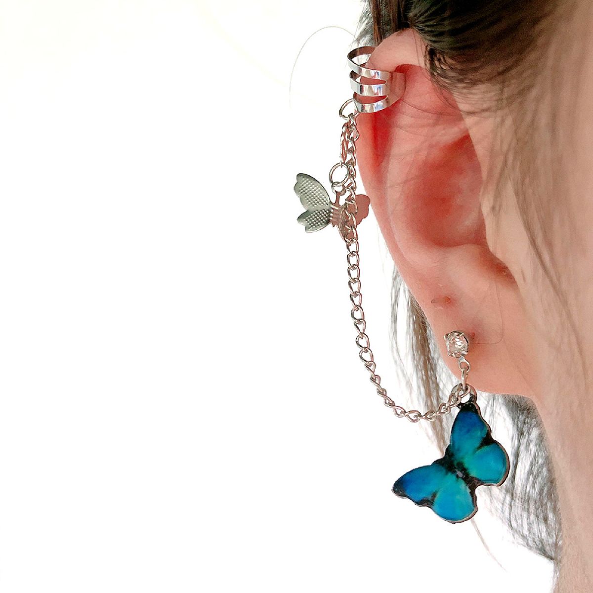 1Pc Punk Earring Dainty Durable Butterfly Shape Punk Long Chain Earring Jewelry Accessories-Blue