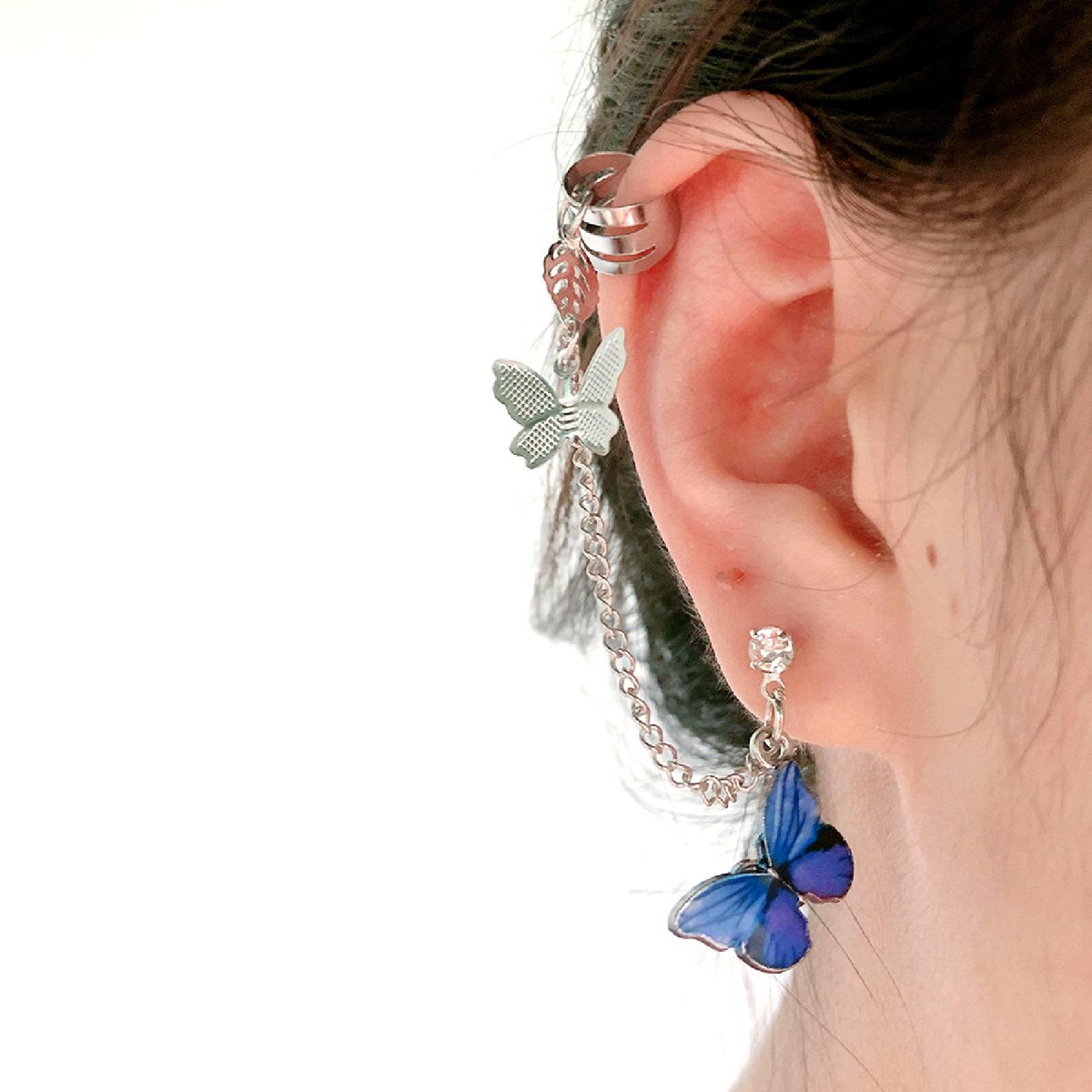 1Pc Punk Earring Dainty Durable Butterfly Shape Punk Long Chain Earring Jewelry Accessories-Blue
