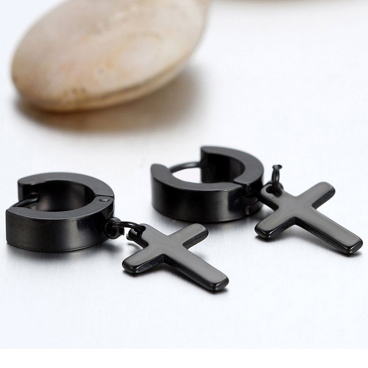 1 Pair Ear Dangle Cross Pendant Eco-friendly Stainless Steel Huggie Hinged Hoop Earrings For Men-Black