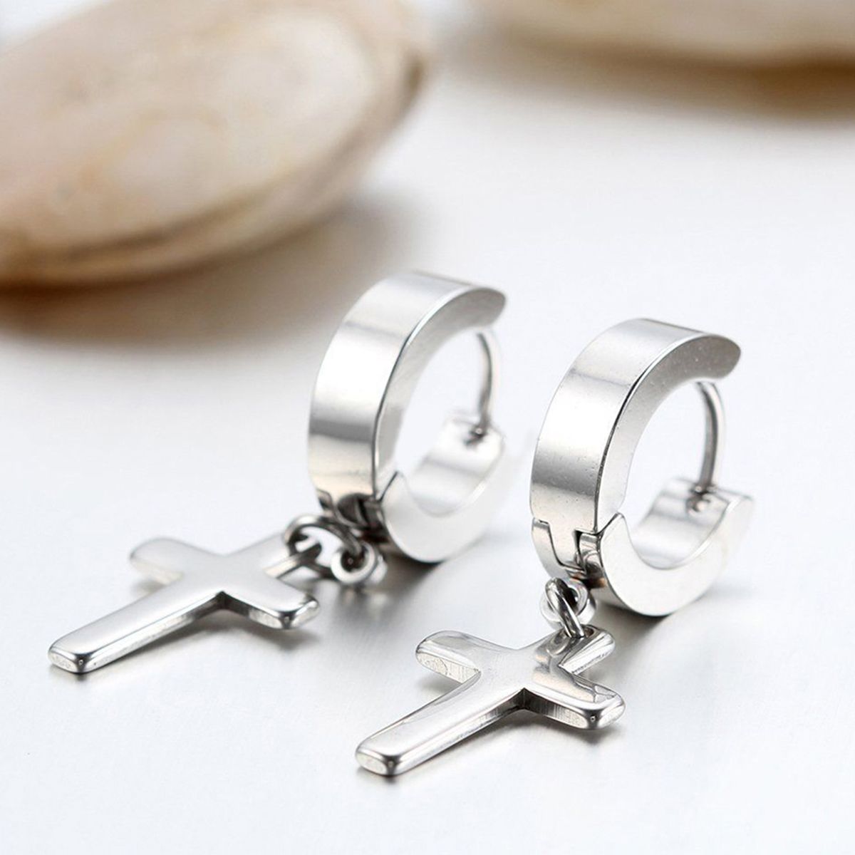 1 Pair Ear Dangle Cross Pendant Eco-friendly Stainless Steel Huggie Hinged Hoop Earrings For Men-Black