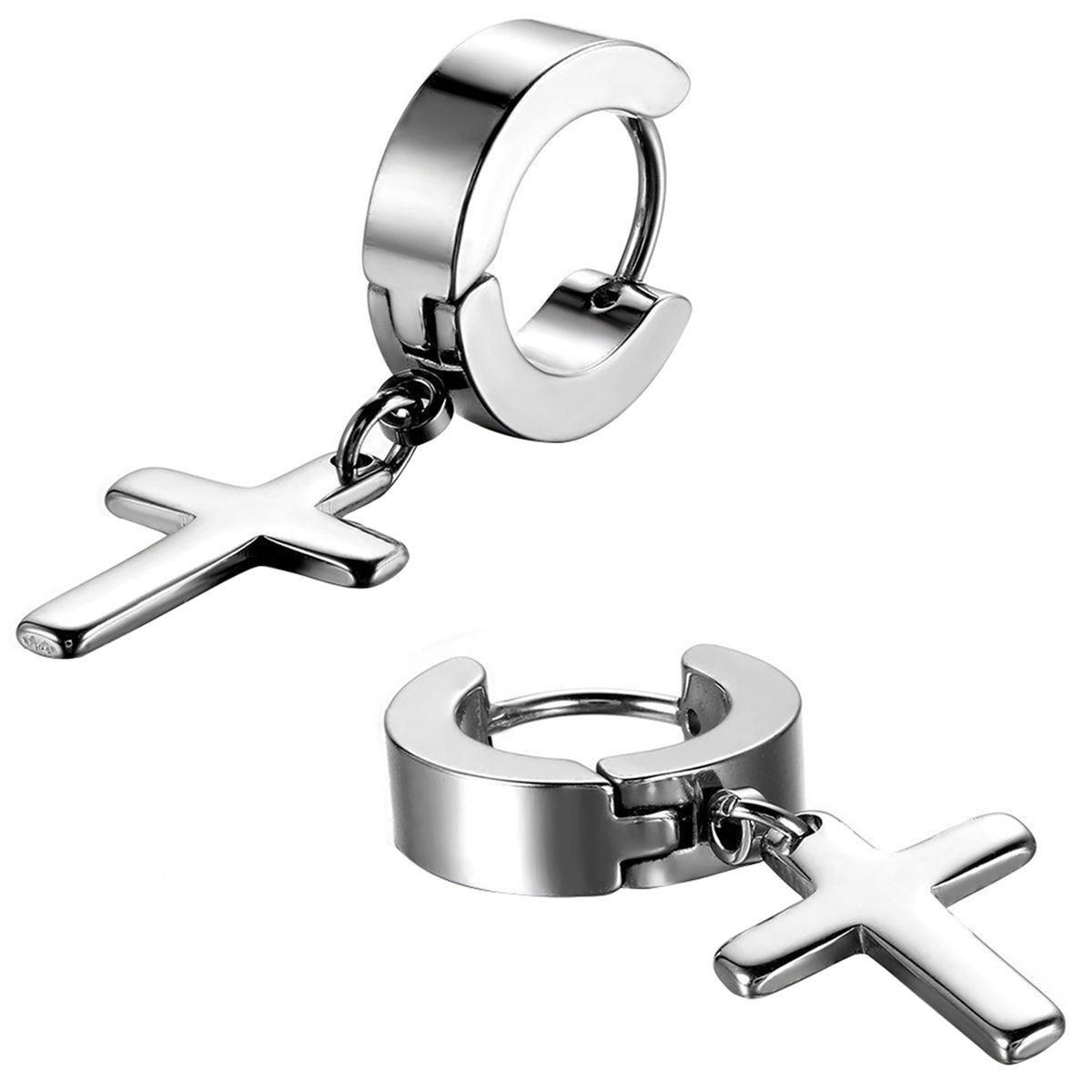 1 Pair Ear Dangle Cross Pendant Eco-friendly Stainless Steel Huggie Hinged Hoop Earrings For Men-Black