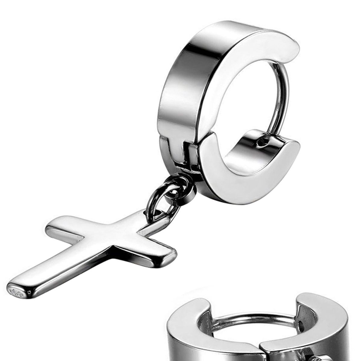 1 Pair Ear Dangle Cross Pendant Eco-friendly Stainless Steel Huggie Hinged Hoop Earrings For Men-Black