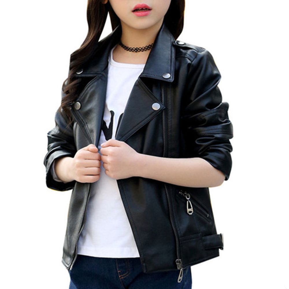 Spring Kids Boys Girls Faux Leather Lapel Jacket Coat-Black