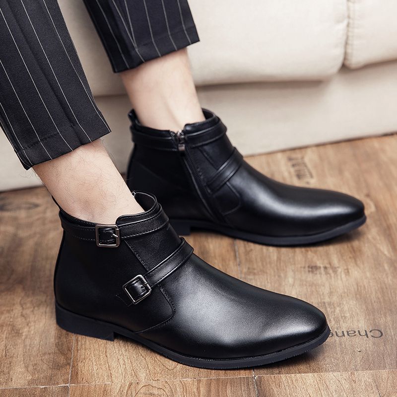 Men Leather Boots Martin Ankle Chelsea Boots Fashion Black