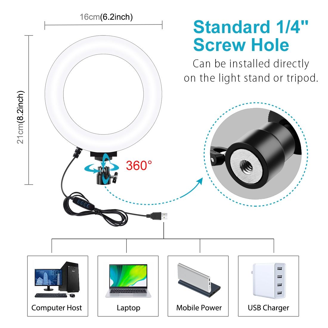 PULUZ 6.2 Inch 16cm USB 3 Modes Dimmable LED Ring Vlogging Photography Video Lights  With Cold Shoe Tripod Ball Head(Black)