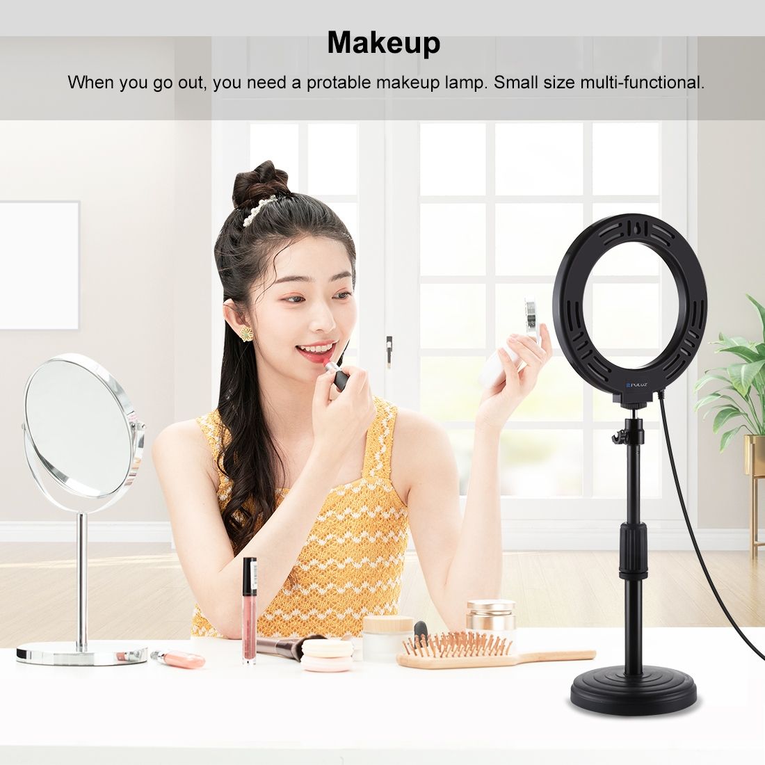 PULUZ 6.2 Inch 16cm USB 3 Modes Dimmable LED Ring Vlogging Photography Video Lights  With Cold Shoe Tripod Ball Head(Black)