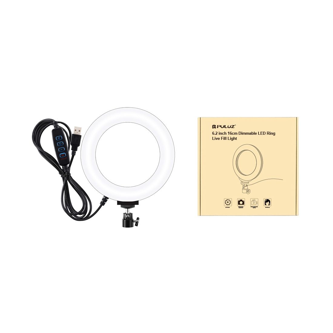 PULUZ 6.2 Inch 16cm USB 3 Modes Dimmable LED Ring Vlogging Photography Video Lights  With Cold Shoe Tripod Ball Head(Black)
