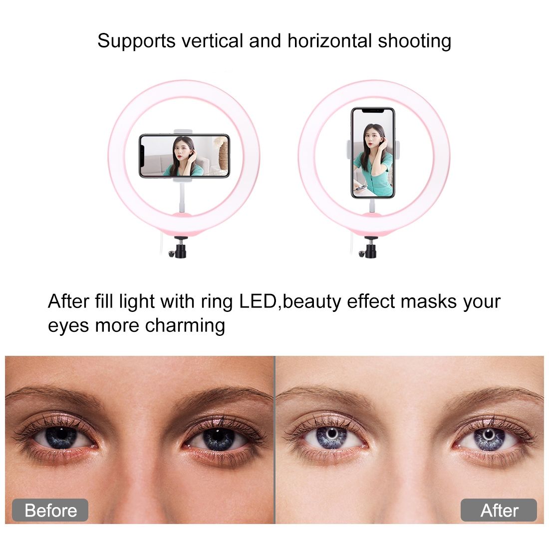 3 Modes Dimmable LED Ring Vlogging Selfie Photography Video Lights With Tripod & Phone Clamp(Pink)