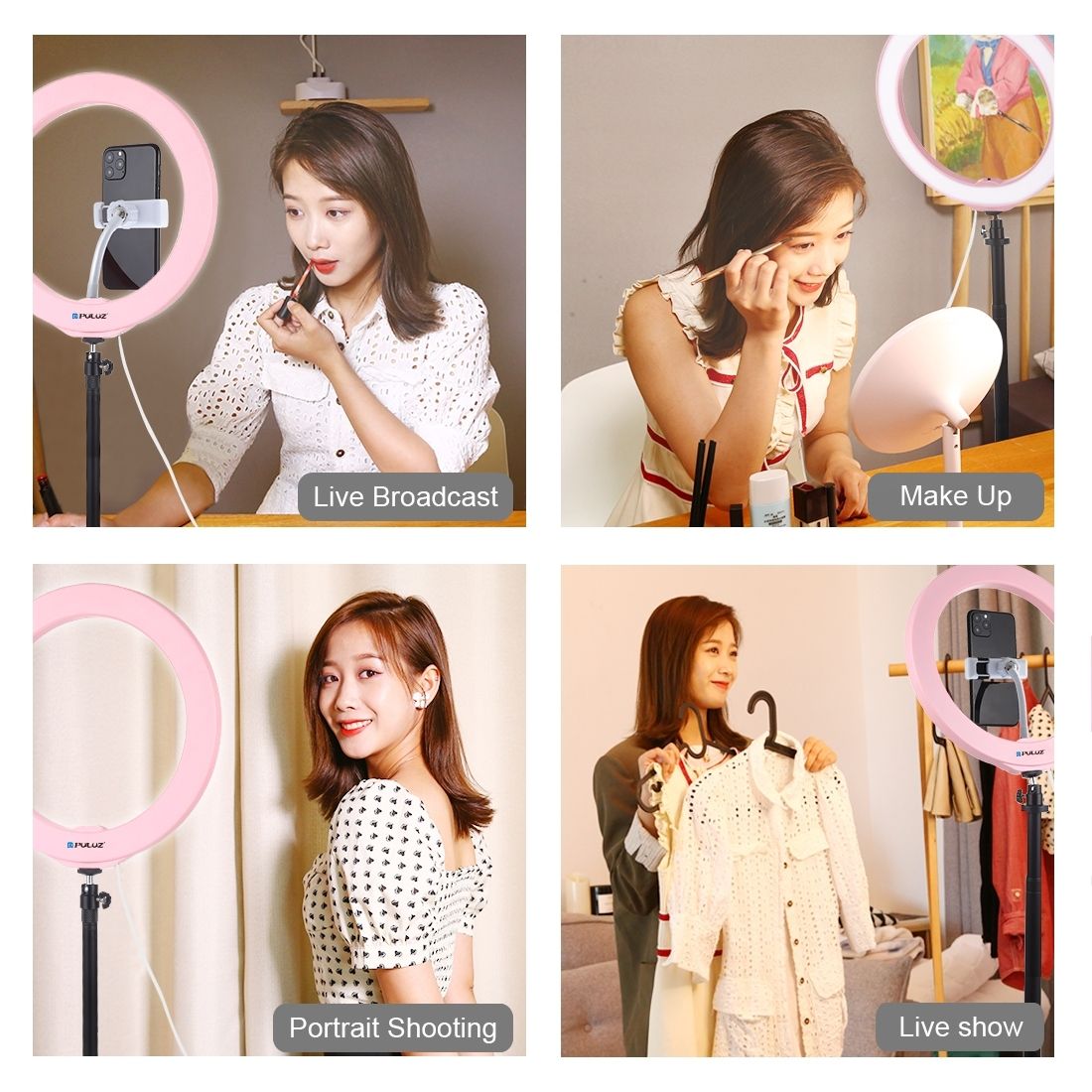 3 Modes Dimmable LED Ring Vlogging Selfie Photography Video Lights With Tripod & Phone Clamp(Pink)