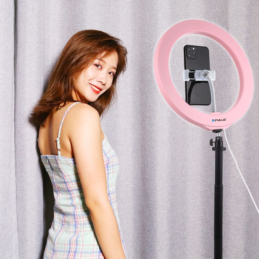 3 Modes Dimmable LED Ring Vlogging Selfie Photography Video Lights With Tripod & Phone Clamp(Pink)
