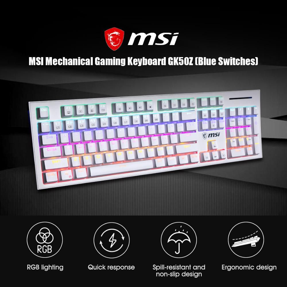 MSI Mechanical Gaming Keyboard GK50Z RGB LED Backlit Wired Keyboard with Blue Switches for Windows Gaming 104 Keys White