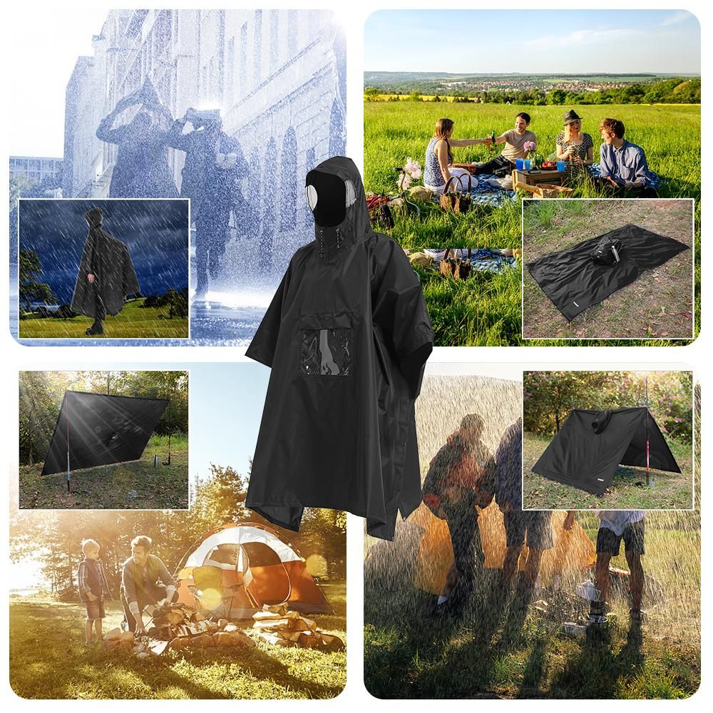 Multifunctional Lightweight Waterproof Hooded Rain Poncho Raincoat for Men Women Outdoor Hiking Cycling Camping Mat Canopy Shelter