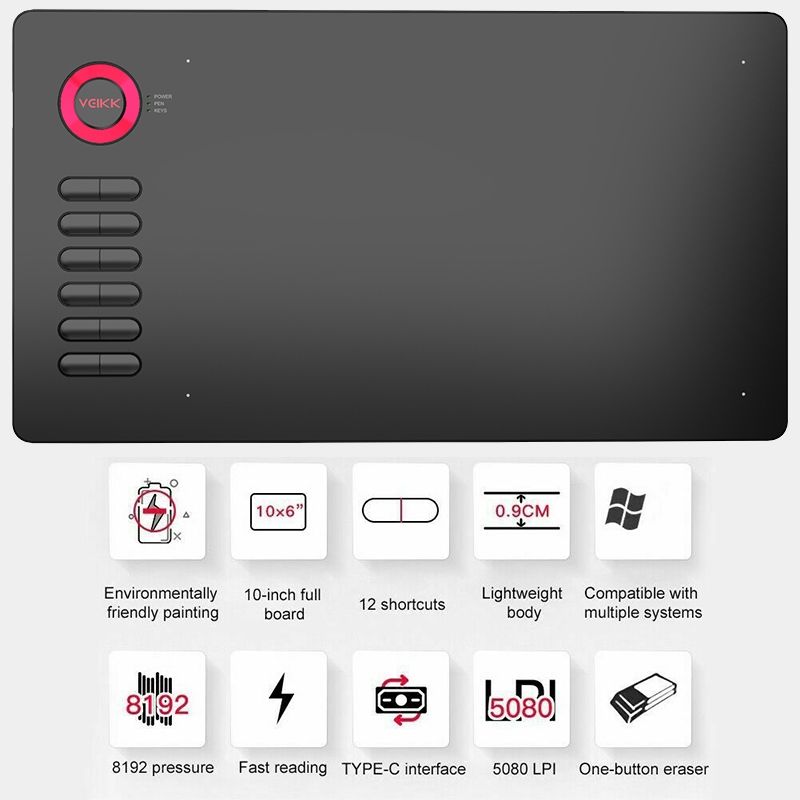 A15 10x6 Inch 5080 LPI Digital Writing Tablet - Black