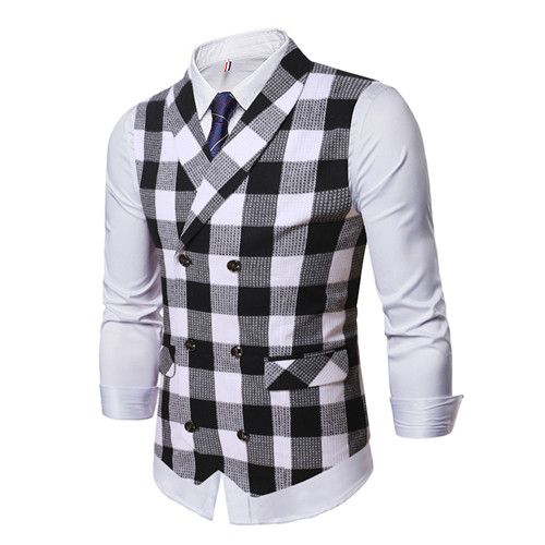 Double Breasted Striped Waistcoat, Men's V Neck Sleeveless Waistcoat, Check Business/wedding Party Top 989 Black White