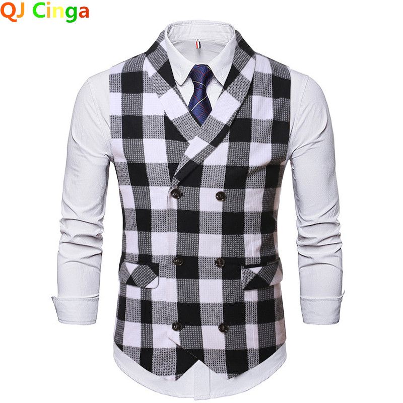Double Breasted Striped Waistcoat, Men's V Neck Sleeveless Waistcoat, Check Business/wedding Party Top 989 Black White