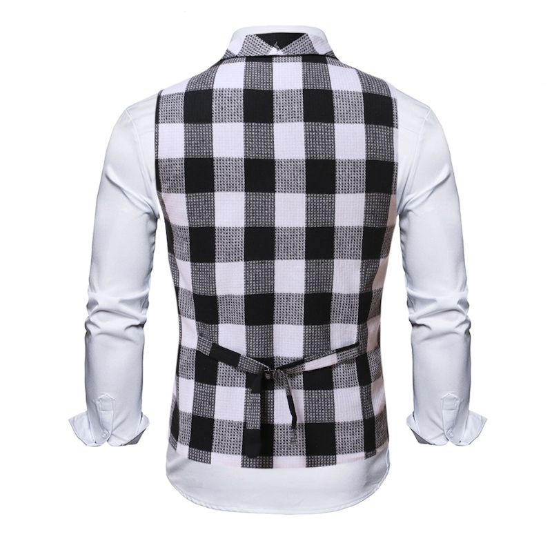 Double Breasted Striped Waistcoat, Men's V Neck Sleeveless Waistcoat, Check Business/wedding Party Top 989 Black White