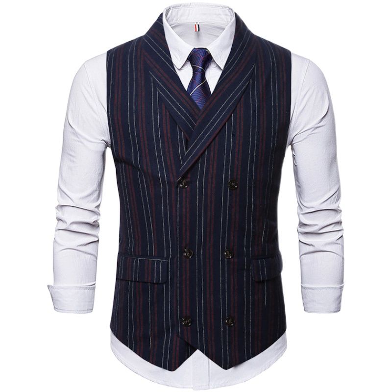 Double Breasted Striped Waistcoat, Men's V Neck Sleeveless Waistcoat, Check Business/wedding Party Top 989 Black White