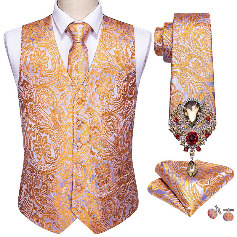 (GM-2062-Brooch)Black 5PCS Designer Mens Wedding Suit Vest Gold Floral Jacquard Folral Silk Waistcoat Tie Brooches Vest Set Barry.Wang Groom DOU
