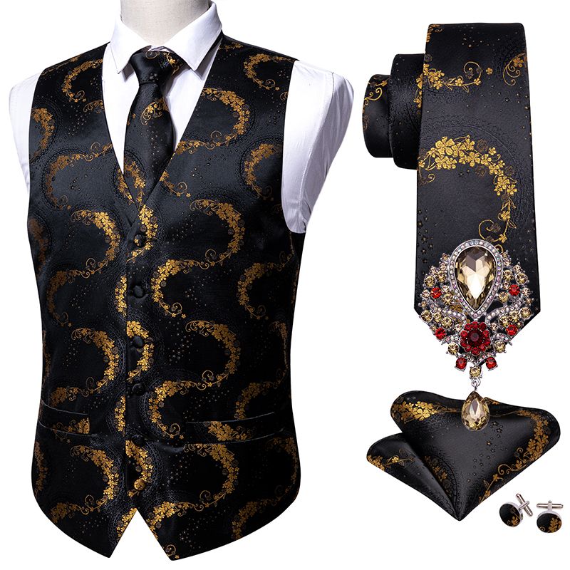 (GM-2062-Brooch)Black 5PCS Designer Mens Wedding Suit Vest Gold Floral Jacquard Folral Silk Waistcoat Tie Brooches Vest Set Barry.Wang Groom DOU