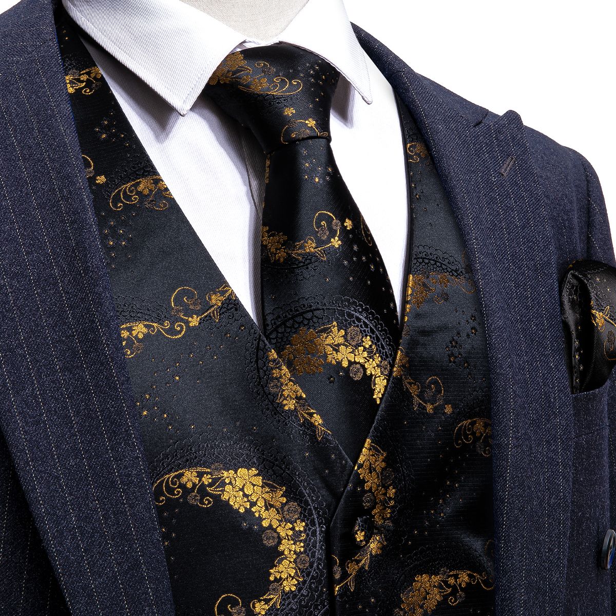 (GM-2062-Brooch)Black 5PCS Designer Mens Wedding Suit Vest Gold Floral Jacquard Folral Silk Waistcoat Tie Brooches Vest Set Barry.Wang Groom DOU