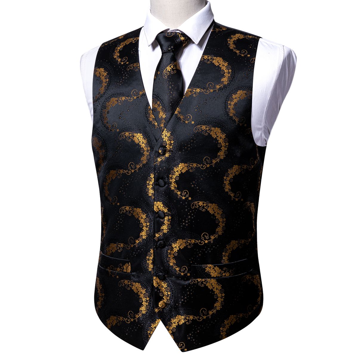 (GM-2062-Brooch)Black 5PCS Designer Mens Wedding Suit Vest Gold Floral Jacquard Folral Silk Waistcoat Tie Brooches Vest Set Barry.Wang Groom DOU