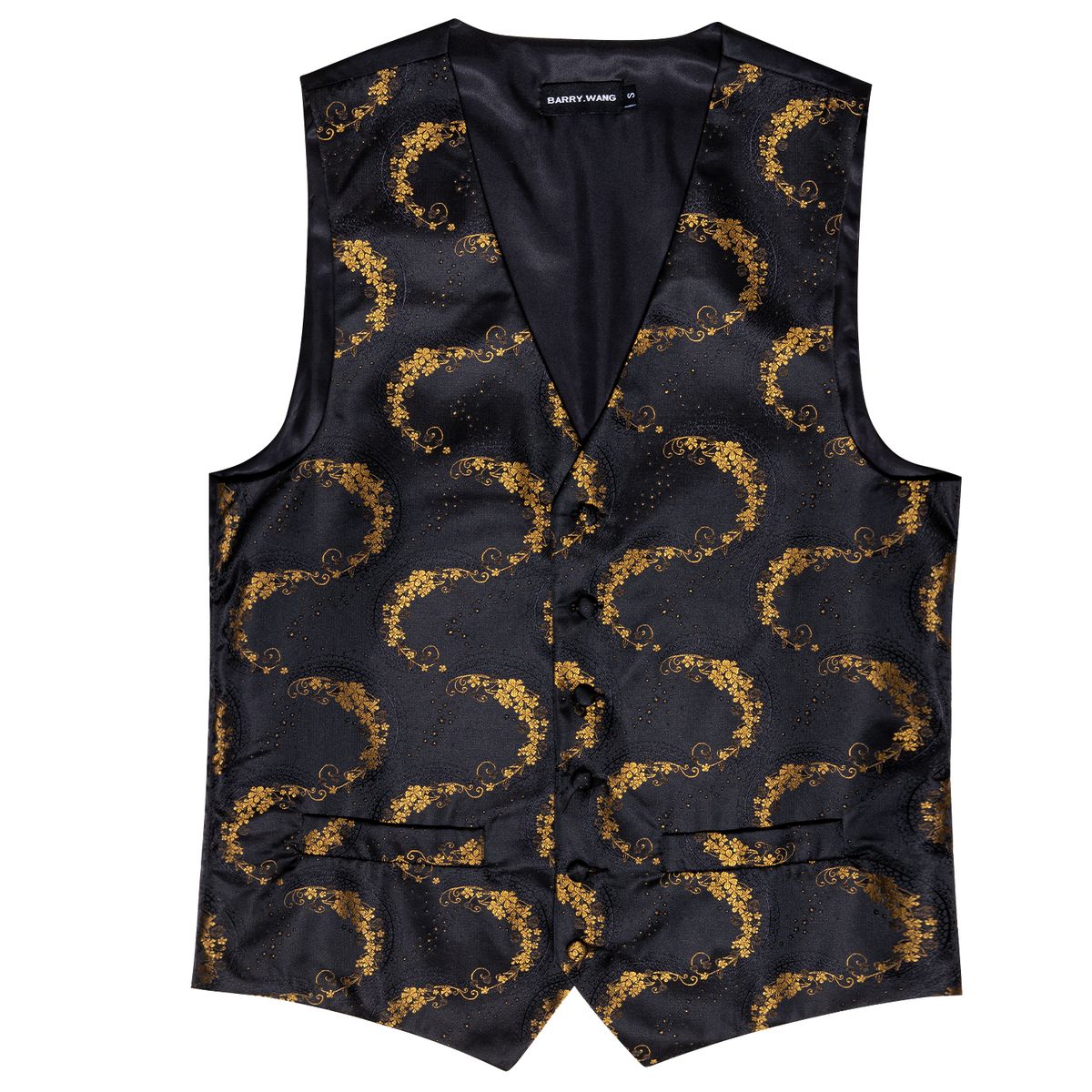 (GM-2062-Brooch)Black 5PCS Designer Mens Wedding Suit Vest Gold Floral Jacquard Folral Silk Waistcoat Tie Brooches Vest Set Barry.Wang Groom DOU