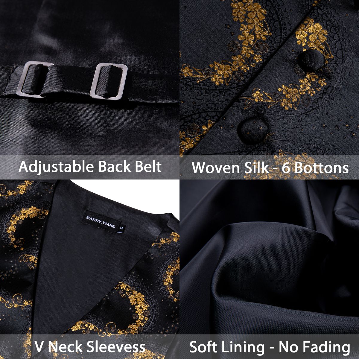 (GM-2062-Brooch)Black 5PCS Designer Mens Wedding Suit Vest Gold Floral Jacquard Folral Silk Waistcoat Tie Brooches Vest Set Barry.Wang Groom DOU
