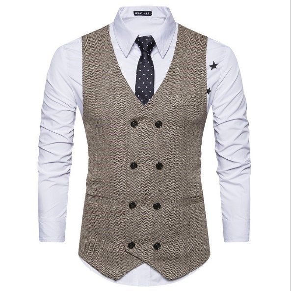 Mens Slim Fit Suit Vest Casual Waistcoat Men Dress Suit Sleeve Jacket Blazer Gilet Man Chaleco Hombre Khaki