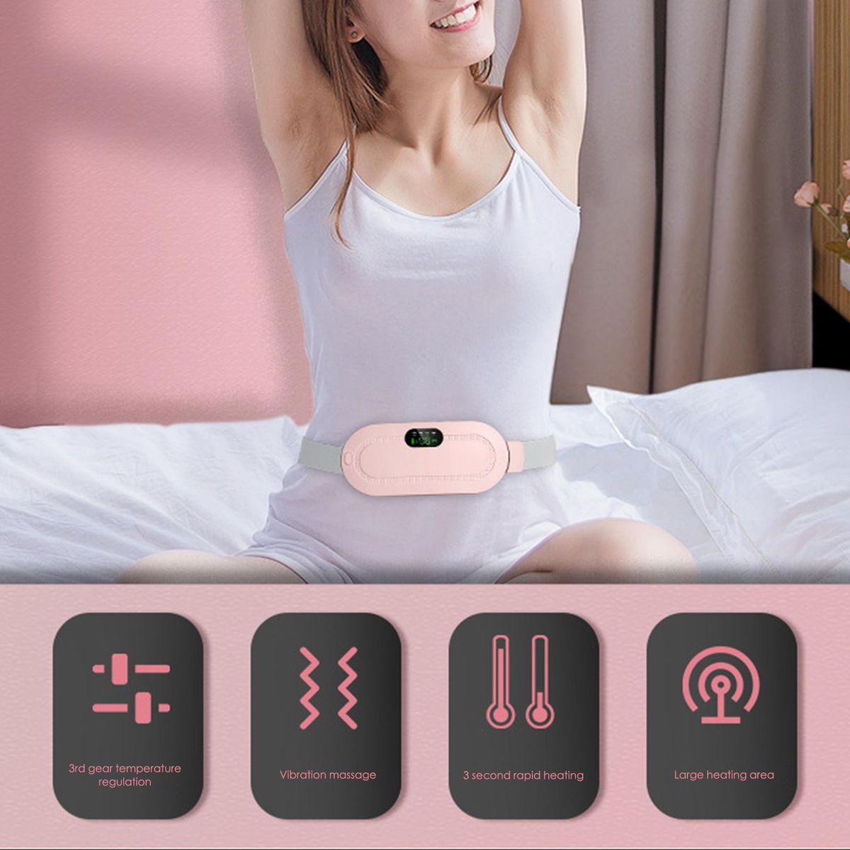 Portable Cordless Heating Pad Belt Electric Vibrating Waist Belt Device for for Menstrual Cramps and Pelvic Pain Relief Waist Massager Stomach Belly Uterus Warming Belt 3 Heat Levels and 4 Massage Modes USB Rechargeable