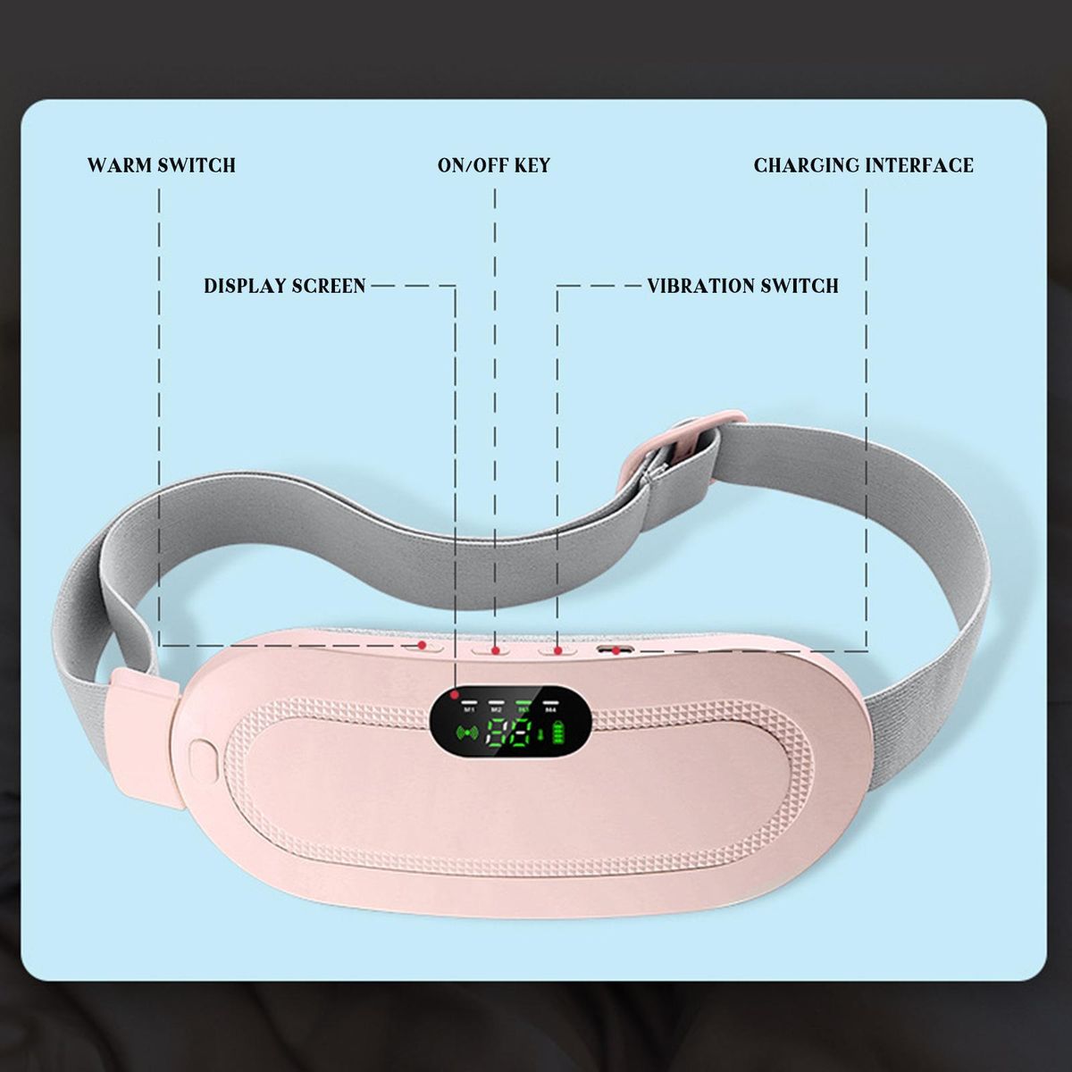 Portable Cordless Heating Pad Belt Electric Vibrating Waist Belt Device for for Menstrual Cramps and Pelvic Pain Relief Waist Massager Stomach Belly Uterus Warming Belt 3 Heat Levels and 4 Massage Modes USB Rechargeable