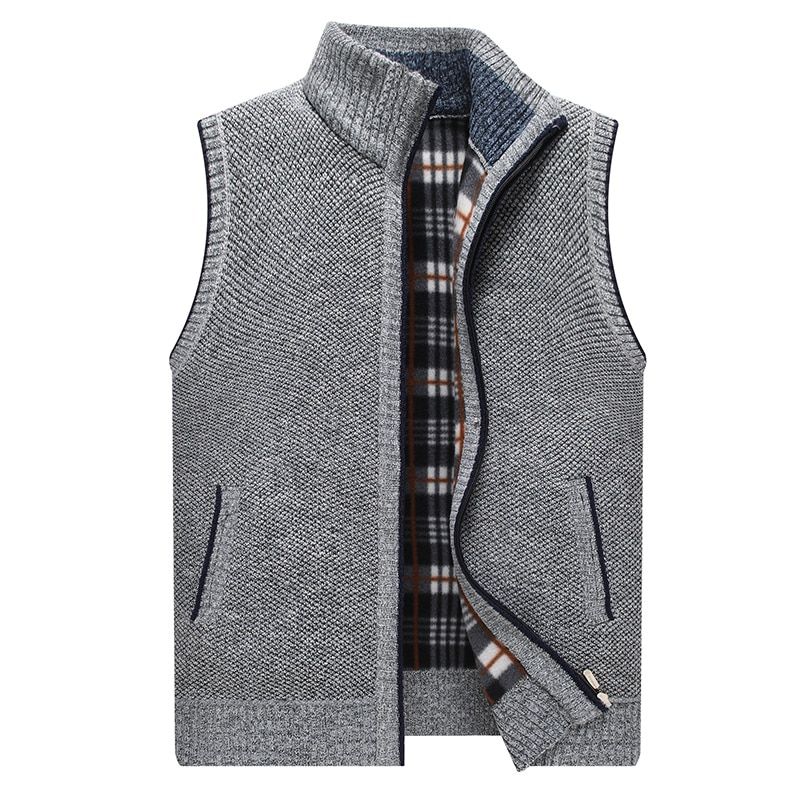 Autumn Winter Mens Sweater Vest Thick Warm Sleeveless Knitted-light Grey