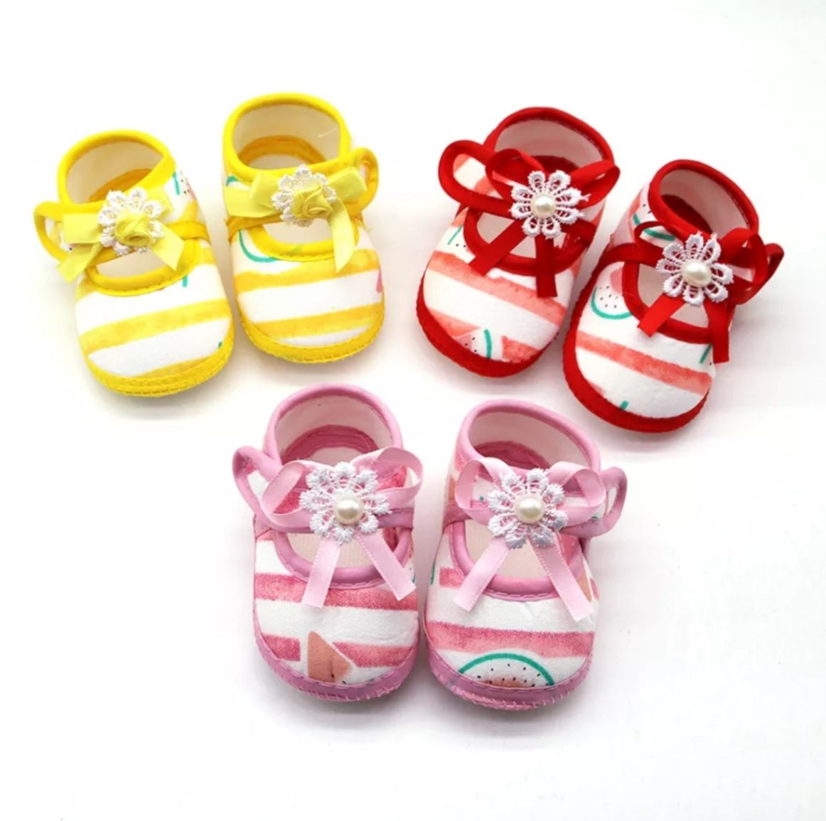 3 Pairs Newborn Baby Girls Bow Front Soft Sole Shoes