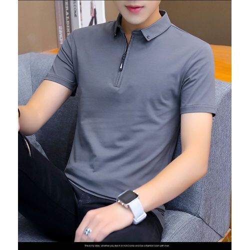 Mens New Stand-Up Zipper Collar Solid Color Polos Shirt Leisure Short-Sleeved Shirt Grey