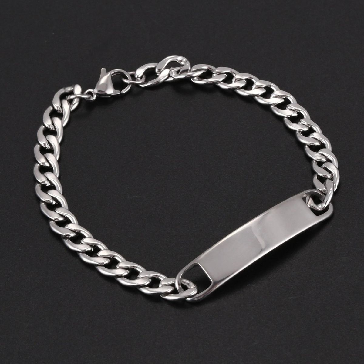 1PC Stainless Steel Silver Tone Cuban Curb Chain ID Bracelet