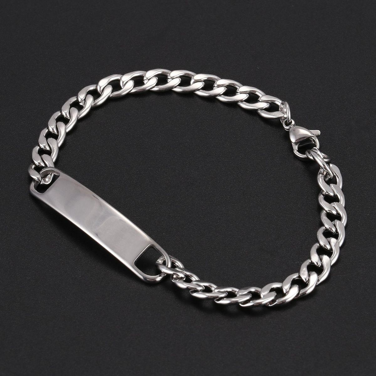 1PC Stainless Steel Silver Tone Cuban Curb Chain ID Bracelet
