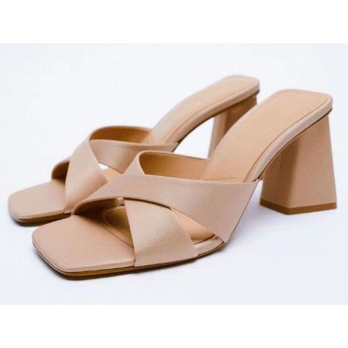 Ladies Fashion High Heel Slippers-khaki