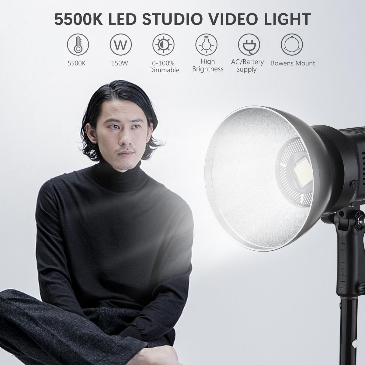 150W COB Studio Light LED Video Light Photography Light 5500K Color Temperature CRI 96 Dimmable Brightness 0%-100% with Color Filters Remote Control NP-F Series Battery AC Adapter Power Supply for Live Stream Studio Photograp