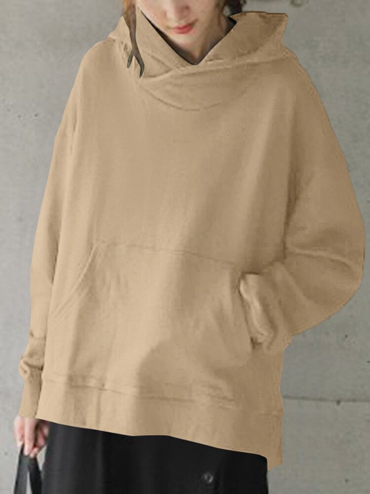 Solid Simple Front Pocket Loose Fit Split Hem Hoodie For Women-Dark Grey