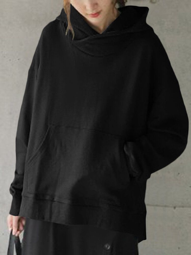 Solid Simple Front Pocket Loose Fit Split Hem Hoodie For Women-Dark Grey