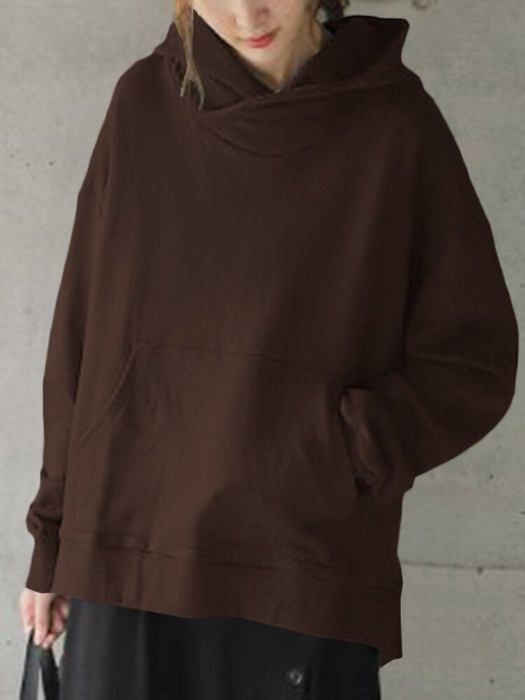 Solid Simple Front Pocket Loose Fit Split Hem Hoodie For Women-Dark Grey