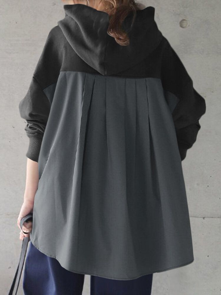 Solid Simple Front Pocket Loose Fit Split Hem Hoodie For Women-Dark Grey