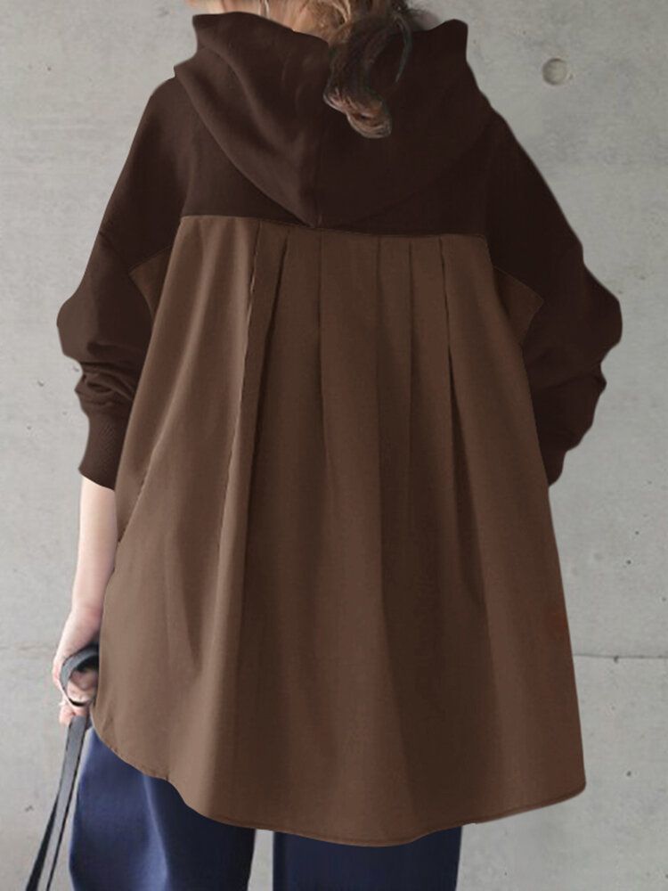 Solid Simple Front Pocket Loose Fit Split Hem Hoodie For Women-Dark Grey