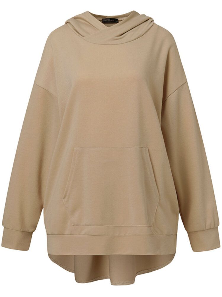 Solid Simple Front Pocket Loose Fit Split Hem Hoodie For Women-Dark Grey